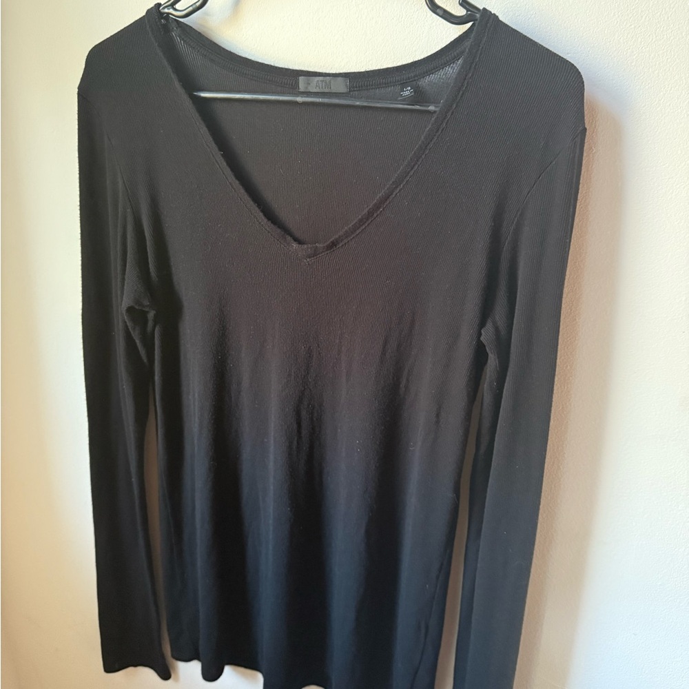 ATM Anthony Thomas Melillo Black V-Neck Long Sleeve Tee